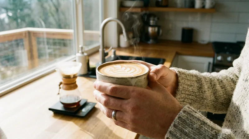 Hands holding a beautiful cup of coffee with latte art