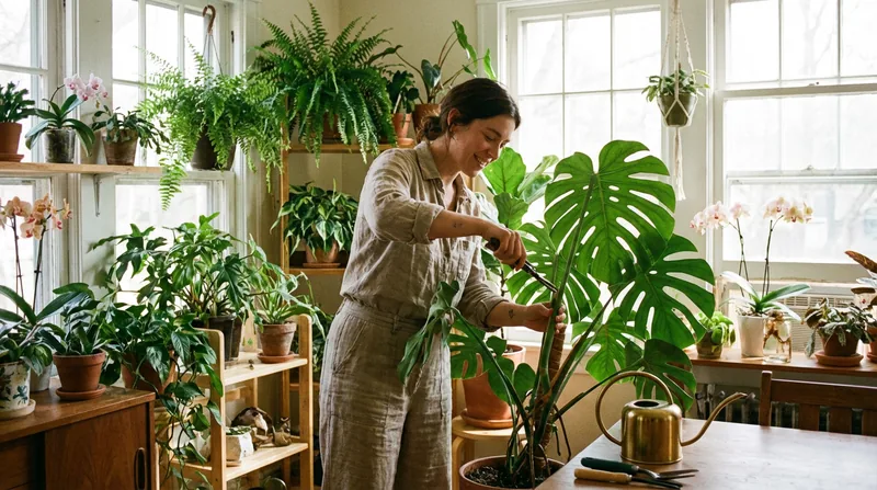 A person tending to a beautiful collection of indoor houseplants