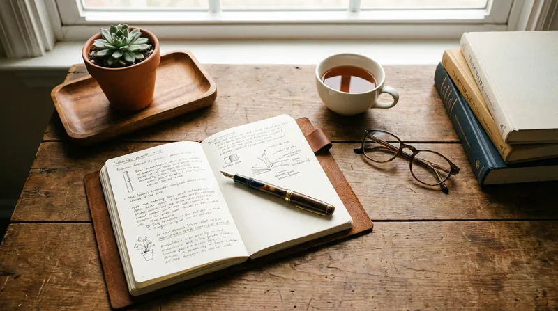 A neat, organized desk with an open journal and a plant