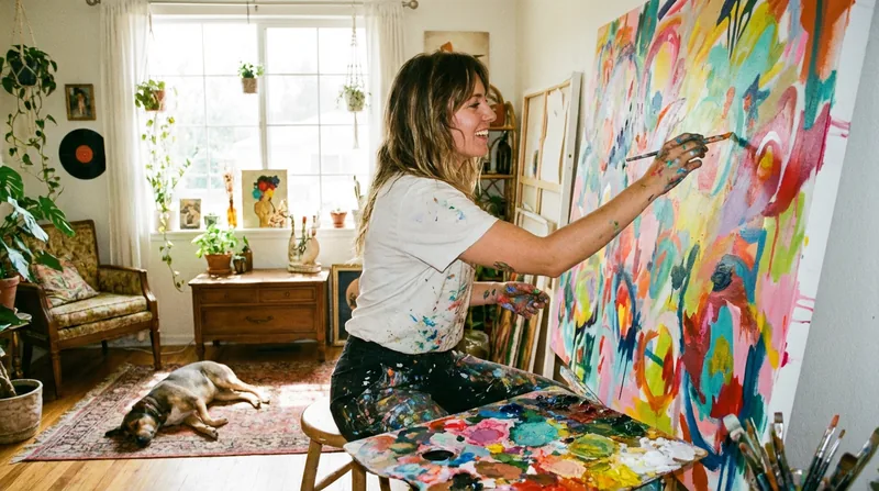 Someone painting a vibrant abstract painting on a canvas