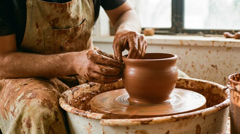 Hands covered in clay shaping pottery on a spinning wheel