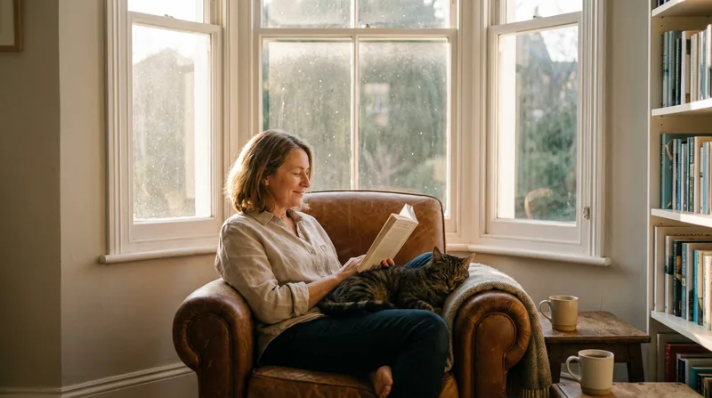 A person peacefully reading a book in a comfortable armchair